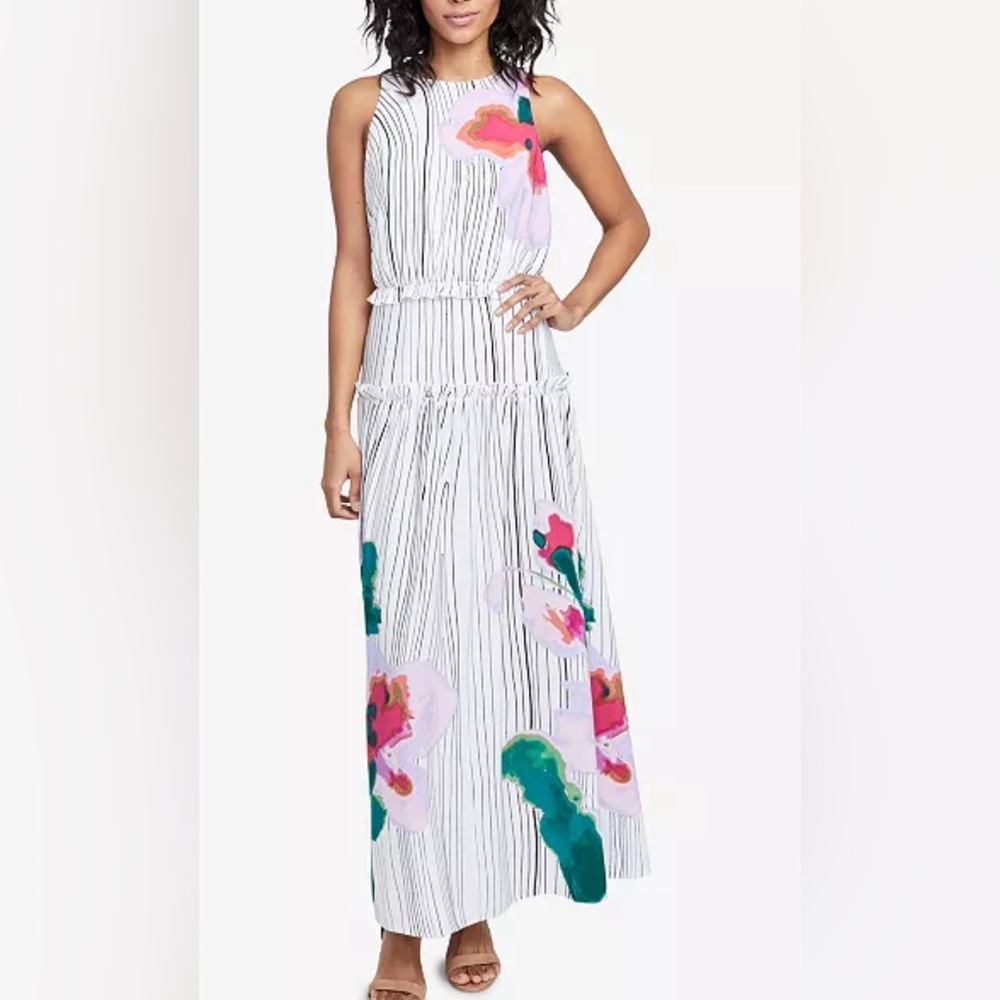 NWT Rachel Roy Amalfi Tiered Ruffle Floral Maxi Dress w Long Fabric Tie! 10